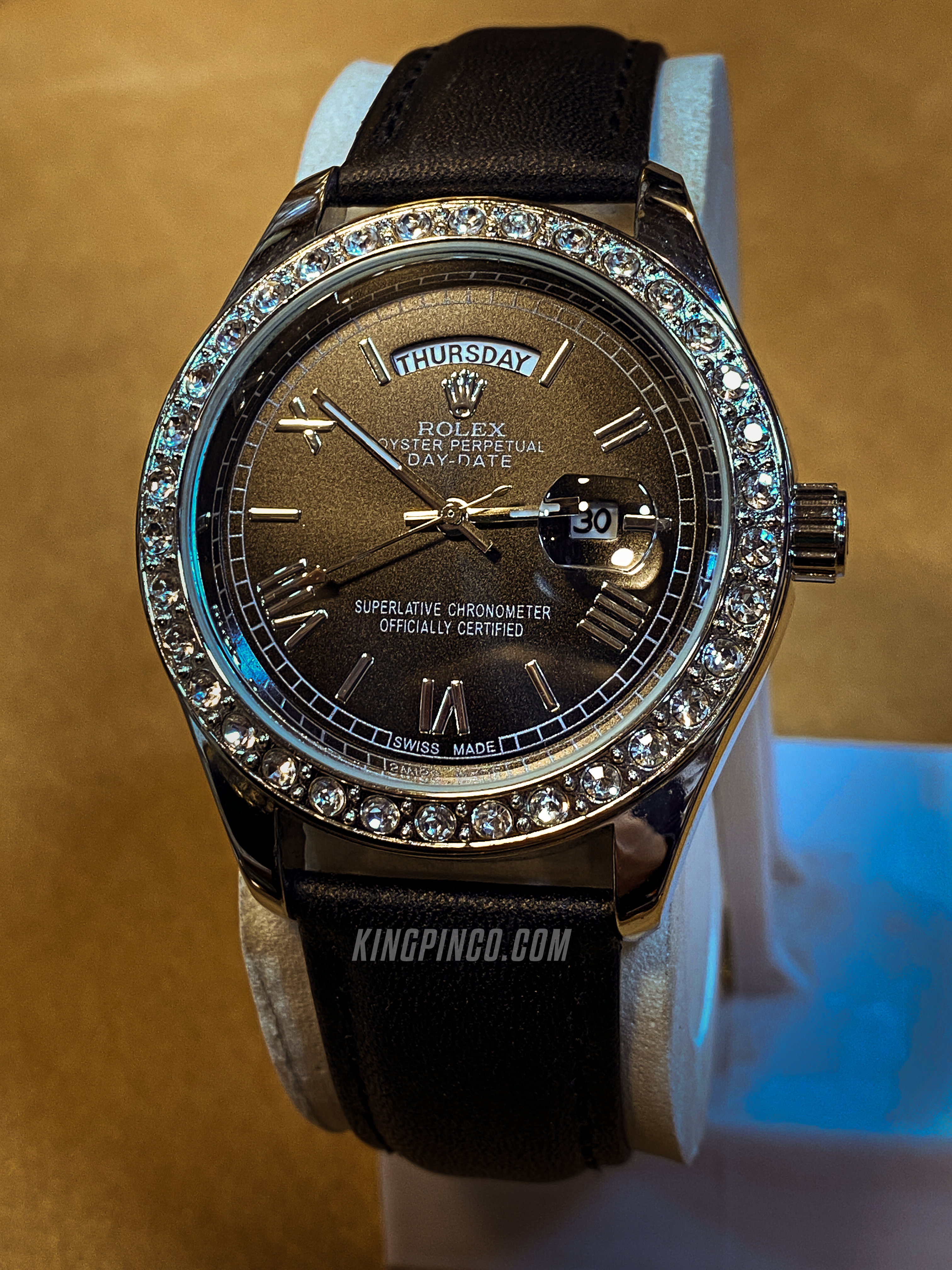 Rolex Day-Date Black Dial Watch – Black Leather Strap