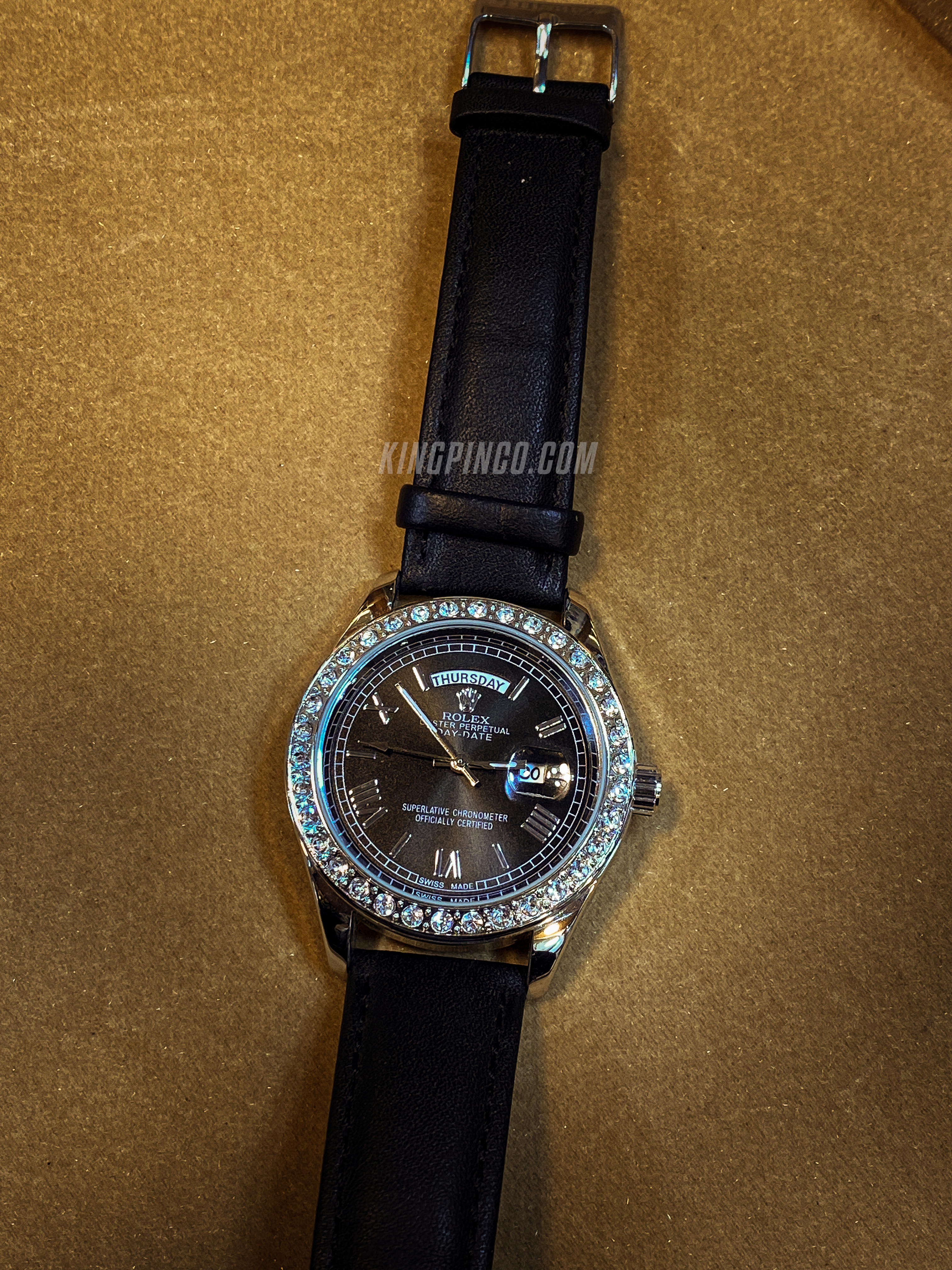 Rolex Day-Date Black Dial Watch – Black Leather Strap