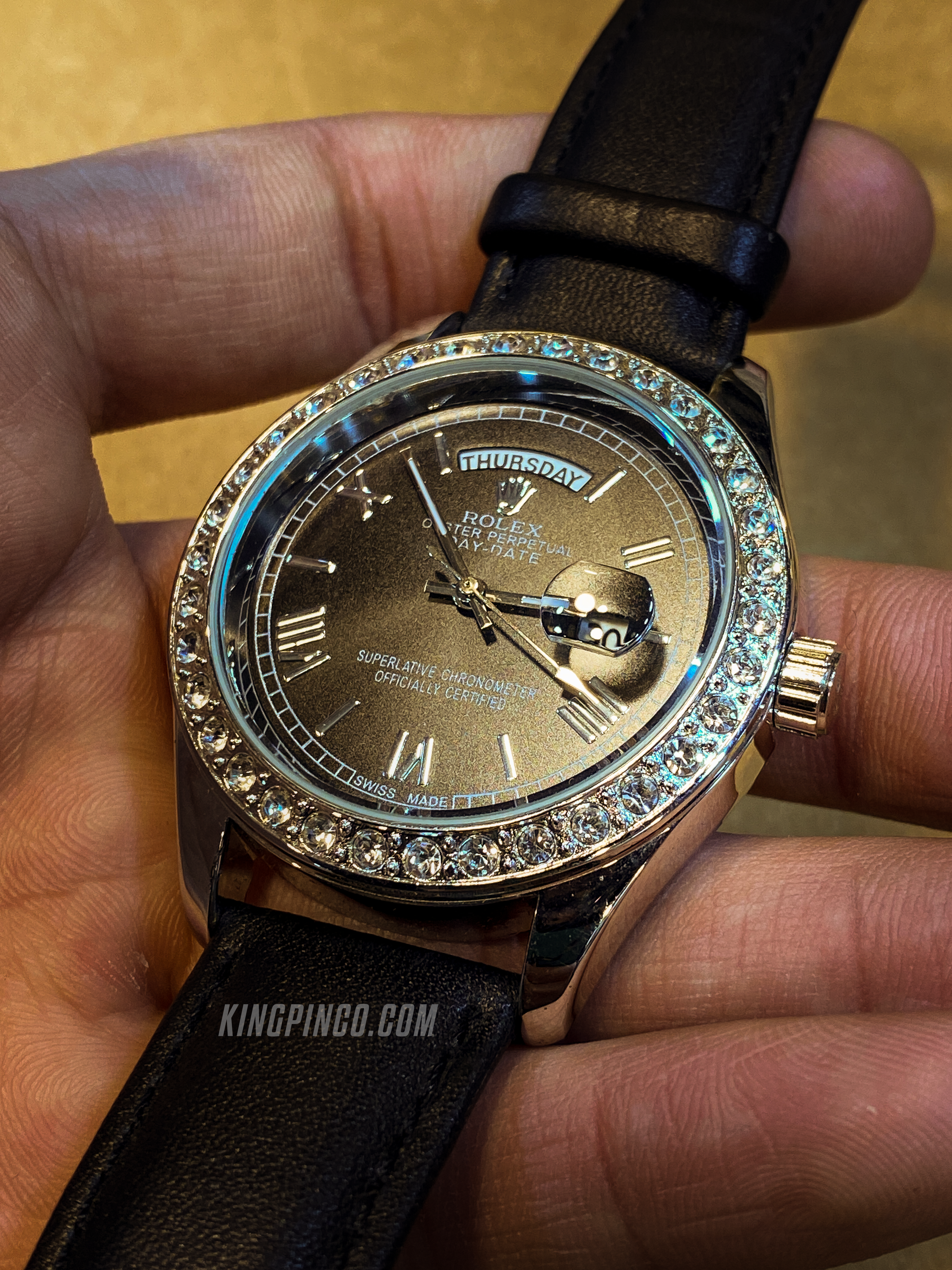 Rolex Day-Date Black Dial Watch – Black Leather Strap