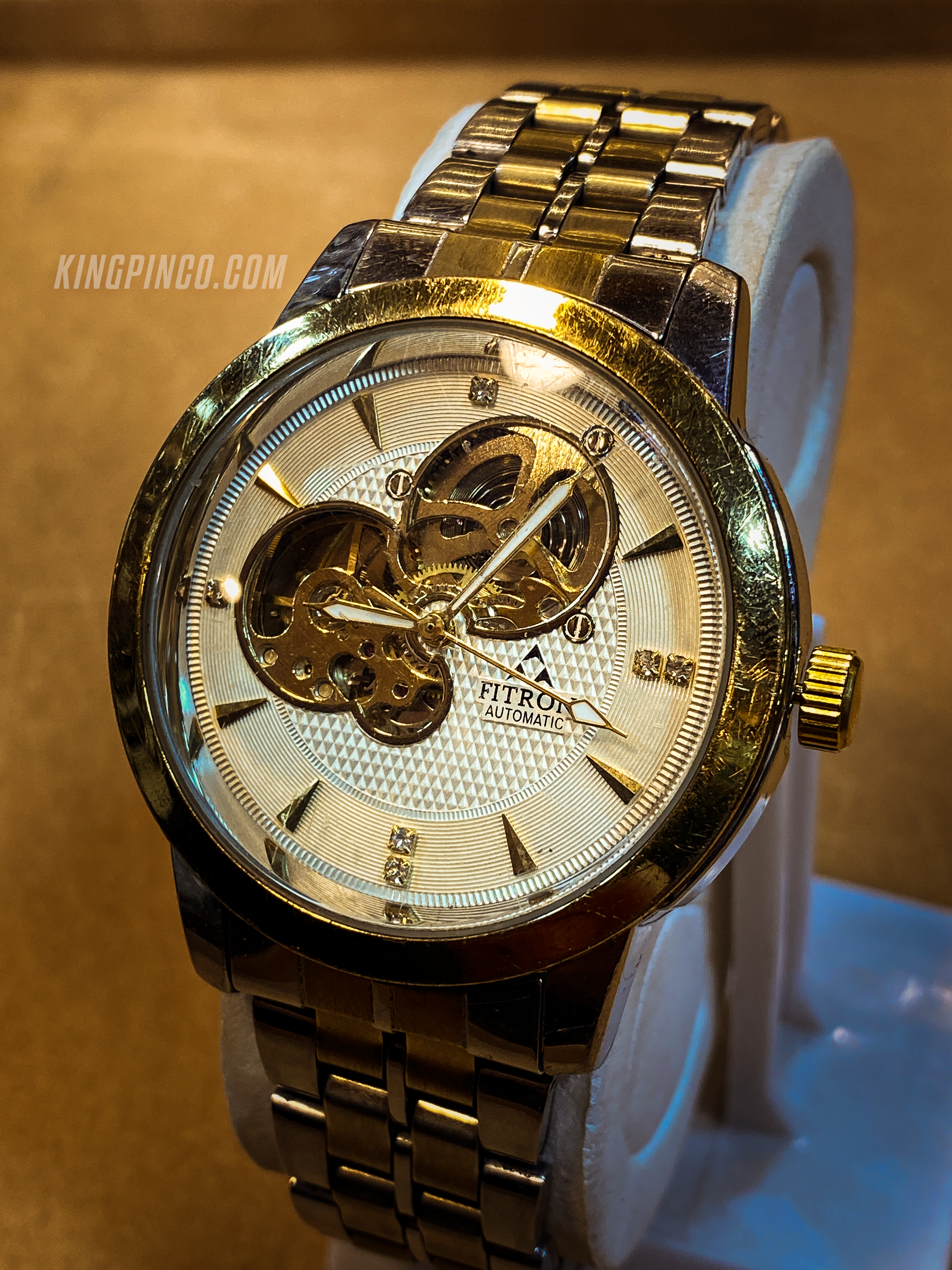 Fitron Automatic Open-Heart Watch – Gold Bezel, White Dial
