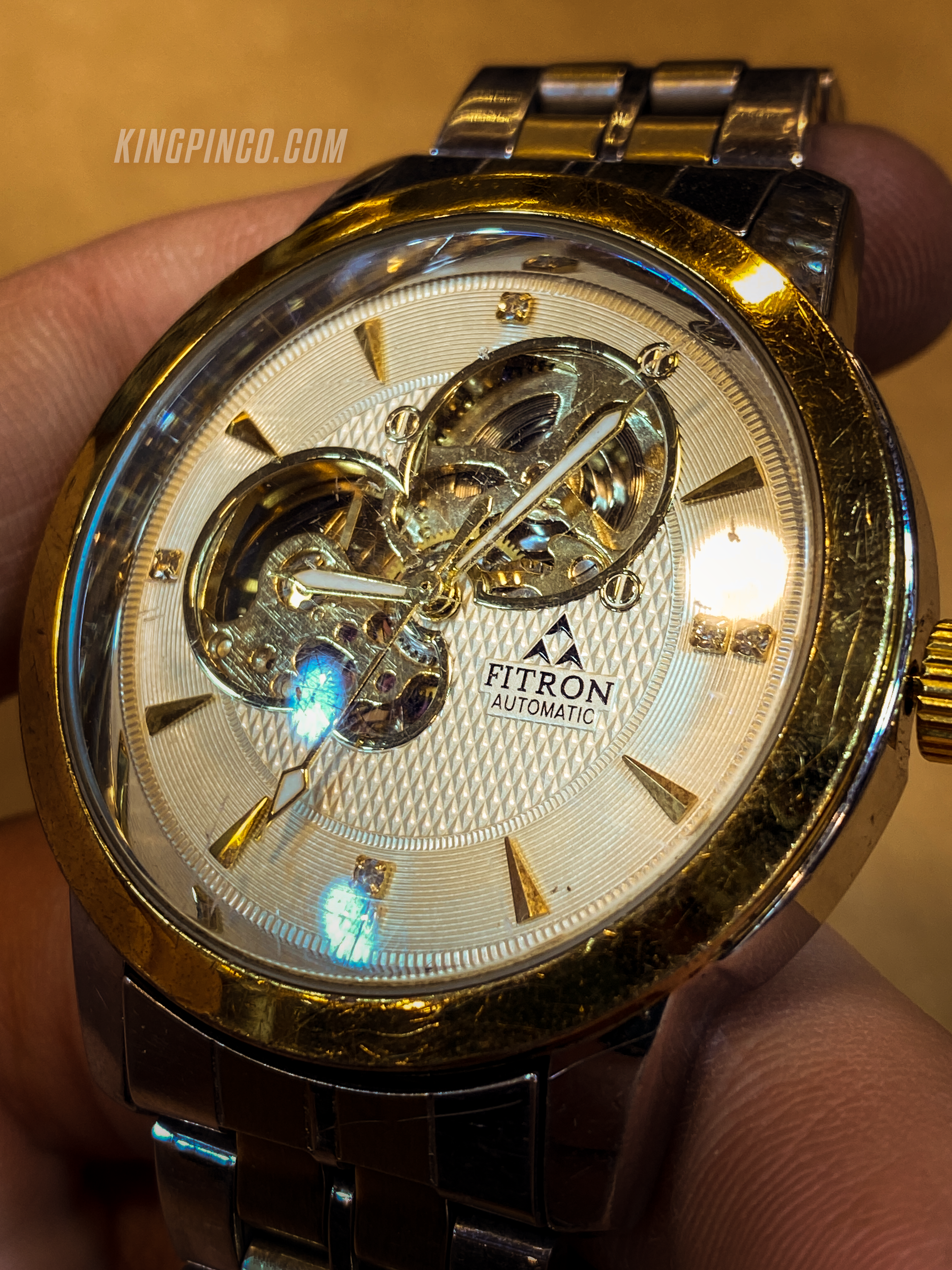 Fitron Automatic Open-Heart Watch – Gold Bezel, White Dial